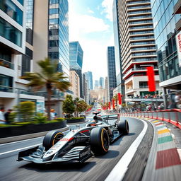 A sleek Formula 1 car racing through the modern streets of Baku, Azerbaijan