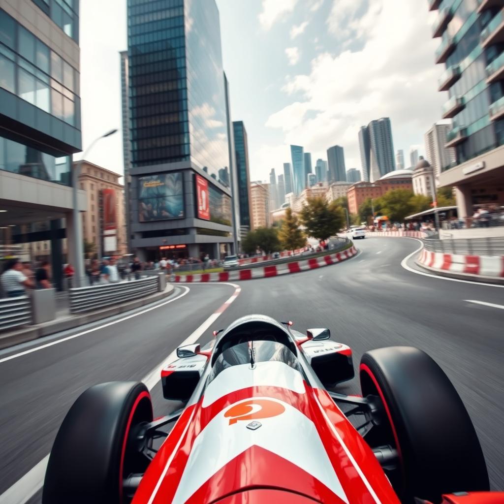 A sleek Formula 1 car racing through the modern streets of Baku, Azerbaijan