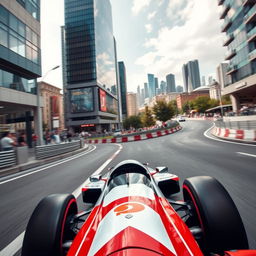 A sleek Formula 1 car racing through the modern streets of Baku, Azerbaijan