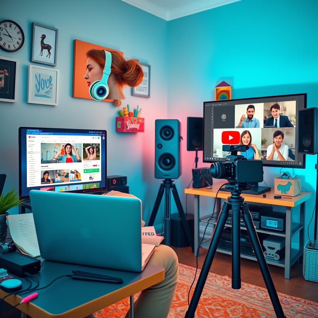 A vibrant and dynamic scene illustrating a young adult setting up a blog and a YouTube channel from their home studio