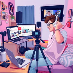 A vibrant and dynamic scene illustrating a young adult setting up a blog and a YouTube channel from their home studio