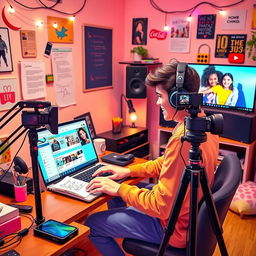 A vibrant and dynamic scene illustrating a young adult setting up a blog and a YouTube channel from their home studio