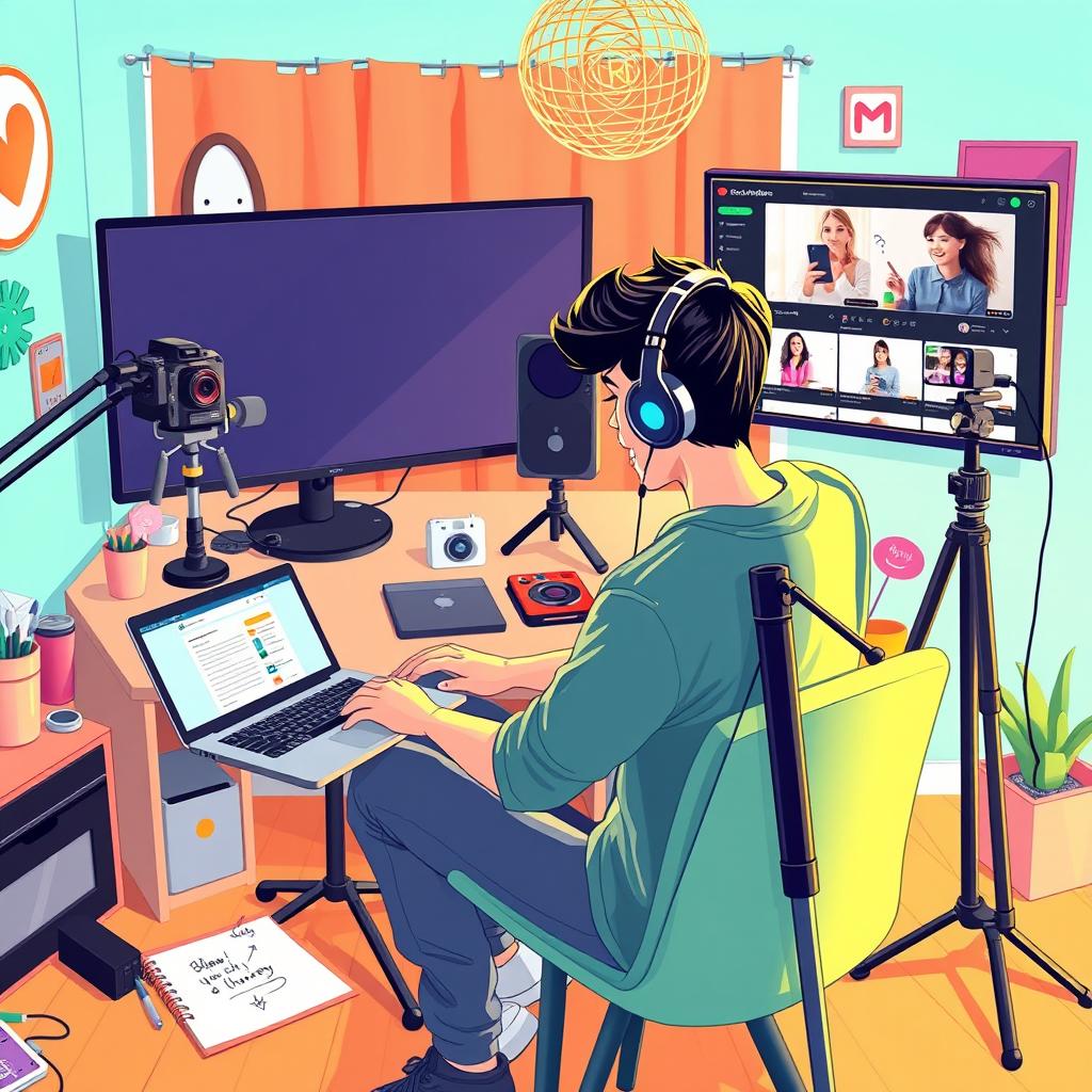 A vibrant and dynamic scene illustrating a young adult setting up a blog and a YouTube channel from their home studio