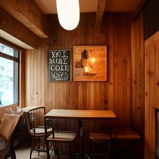 A cozy and welcoming café with a rustic interior, filled with wooden furniture, soft ambient lighting, and walls adorned with vintage coffee-related art.