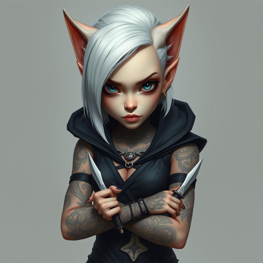 Portrait of a female gnome with shoulder-length white hair and a striking sidecut