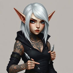 Portrait of a female gnome with shoulder-length white hair and a striking sidecut