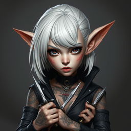 Portrait of a female gnome with shoulder-length white hair and a striking sidecut