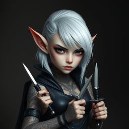 Portrait of a female gnome with shoulder-length white hair and a striking sidecut