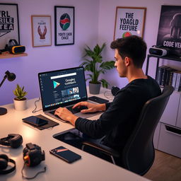 A focused and creative scene of a software developer sitting at a sleek desk, intently working on a laptop with the screen displaying a Google Play Store interface