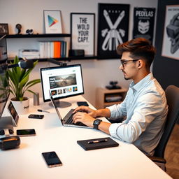 A focused and creative scene of a software developer sitting at a sleek desk, intently working on a laptop with the screen displaying a Google Play Store interface