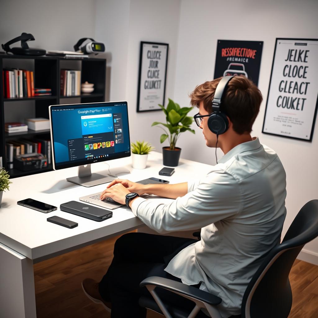 A focused and creative scene of a software developer sitting at a sleek desk, intently working on a laptop with the screen displaying a Google Play Store interface