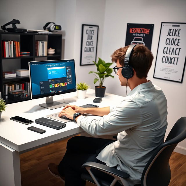 A focused and creative scene of a software developer sitting at a sleek desk, intently working on a laptop with the screen displaying a Google Play Store interface