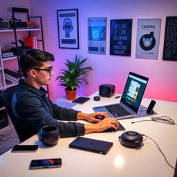 A focused and creative scene of a software developer sitting at a sleek desk, intently working on a laptop with the screen displaying a Google Play Store interface