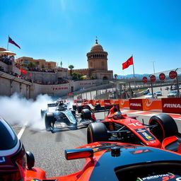 A dramatic Formula 1 racing scene set at the Azerbaijan Grand Prix in Baku