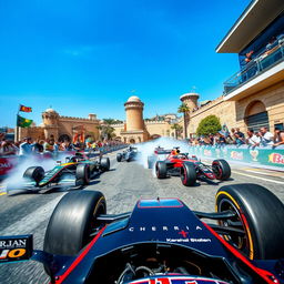 A dramatic Formula 1 racing scene set at the Azerbaijan Grand Prix in Baku