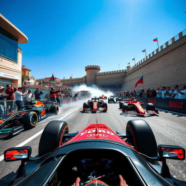 A dramatic Formula 1 racing scene set at the Azerbaijan Grand Prix in Baku