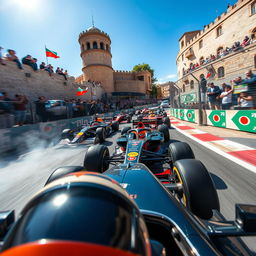 A dramatic Formula 1 racing scene set at the Azerbaijan Grand Prix in Baku