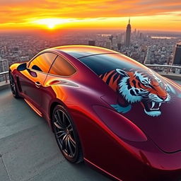 Large cherry-colored car with a majestic tiger design on its side, fully depicted from left to right