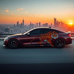 Large cherry-colored car with a majestic tiger design on its side, fully depicted from left to right