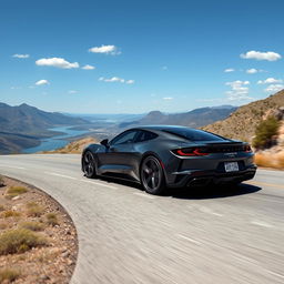 A sophisticated sedan blending the striking design elements of a Corvette C8 and a Porsche Taycan, this four-door vehicle cruises gracefully along a winding mountain road