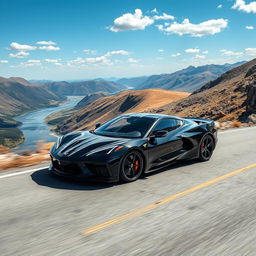 A sophisticated sedan blending the striking design elements of a Corvette C8 and a Porsche Taycan, this four-door vehicle cruises gracefully along a winding mountain road