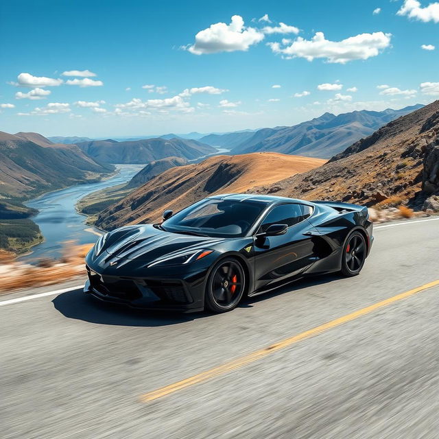 A sophisticated sedan blending the striking design elements of a Corvette C8 and a Porsche Taycan, this four-door vehicle cruises gracefully along a winding mountain road