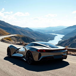 A sophisticated sedan blending the striking design elements of a Corvette C8 and a Porsche Taycan, this four-door vehicle cruises gracefully along a winding mountain road