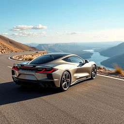 A sophisticated sedan blending the striking design elements of a Corvette C8 and a Porsche Taycan, this four-door vehicle cruises gracefully along a winding mountain road