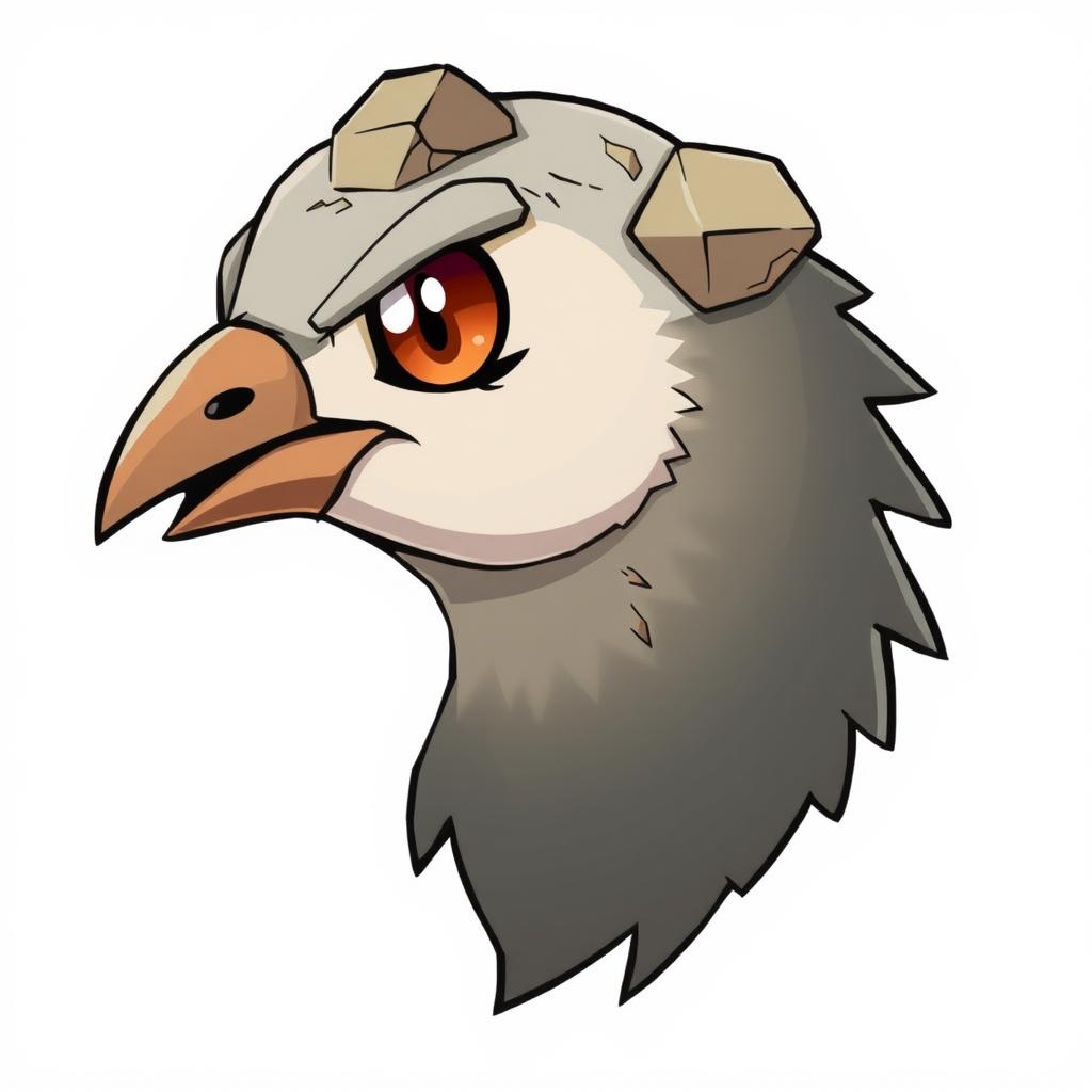 A creative illustration of a pigeon's head in profile, imagined as a rock-type Pokémon