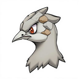 A creative illustration of a pigeon's head in profile, imagined as a rock-type Pokémon