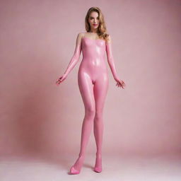 Fashion-forward image of a girl in a latex bodysuit and pink pantyhose showcasing the soles of her bare feet without shoes.