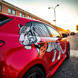 Tall cherry-colored car with a black and white tiger design on its side, fully depicted from left to right