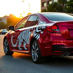 Tall cherry-colored car with a black and white tiger design on its side, fully depicted from left to right