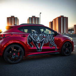 Tall cherry-colored car with a black and white tiger design on its side, fully depicted from left to right