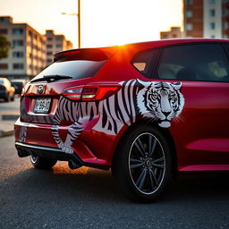 Tall cherry-colored car with a black and white tiger design on its side, fully depicted from left to right