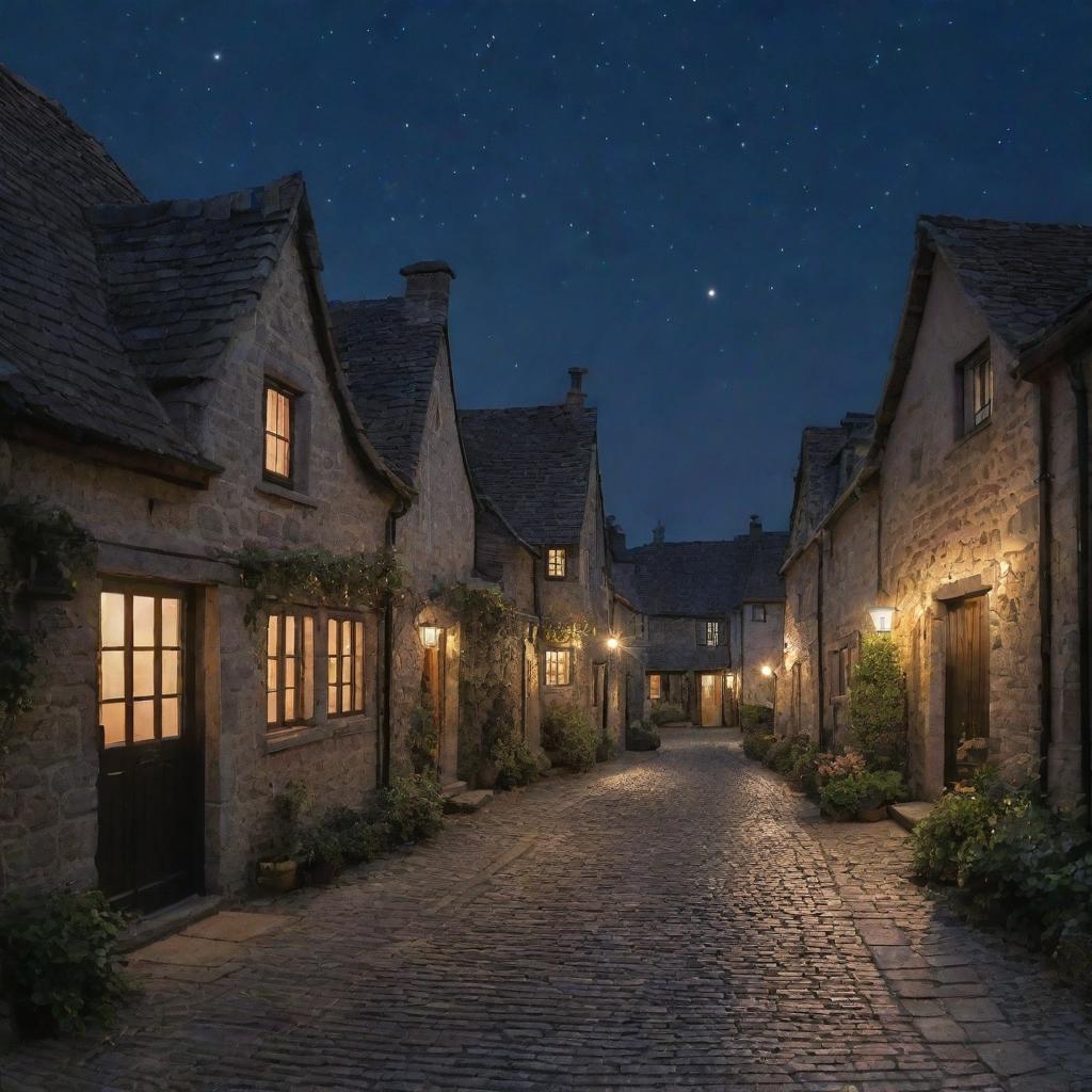 A quaint village enveloped in the tranquility of the night. Twinkling stars stud the dark sky, while moonlight illuminates cobblestone paths and humble houses, their windows glowing warmly.