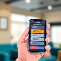 A close-up digital illustration of a smartphone held in a person's hand, displaying quick and engaging surveys on the screen