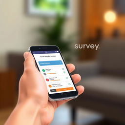 A close-up digital illustration of a smartphone held in a person's hand, displaying quick and engaging surveys on the screen