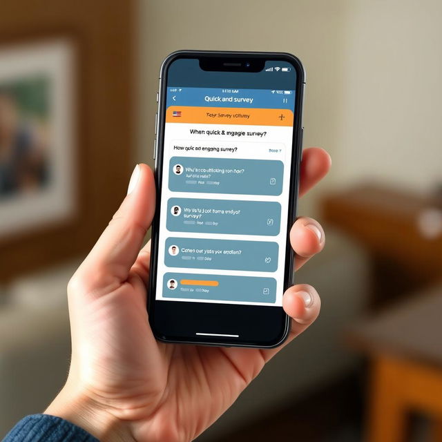 A close-up digital illustration of a smartphone held in a person's hand, displaying quick and engaging surveys on the screen