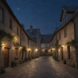 A quaint village enveloped in the tranquility of the night. Twinkling stars stud the dark sky, while moonlight illuminates cobblestone paths and humble houses, their windows glowing warmly.