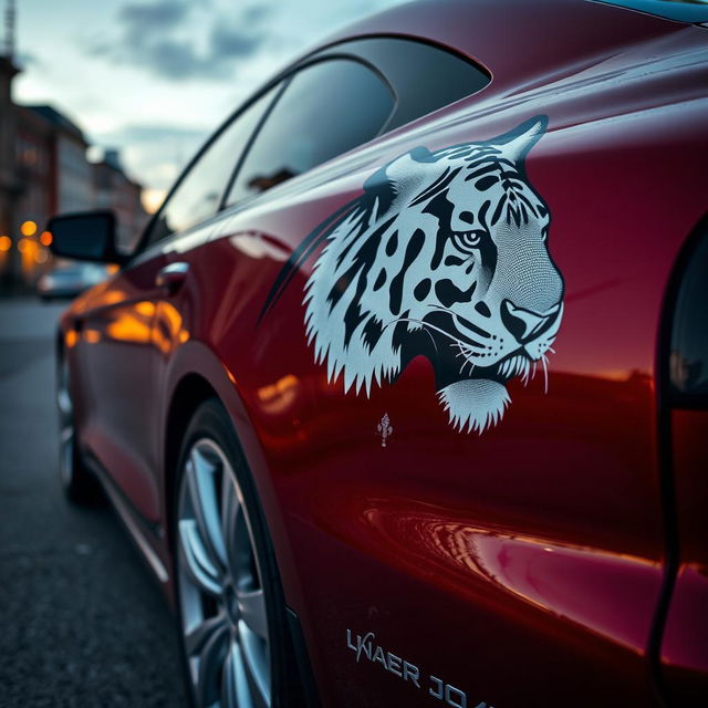 Tall cherry-colored car featuring the head of a black and white tiger on its side, fully depicted from left to right