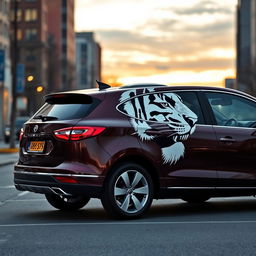 Tall cherry-colored car featuring the head of a black and white tiger on its side, fully depicted from left to right