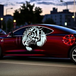 Tall cherry-colored car featuring the head of a black and white tiger on its side, fully depicted from left to right