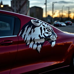 Tall cherry-colored car featuring the head of a black and white tiger on its side, fully depicted from left to right