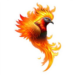 A striking illustration of a pigeon's head and extended neck in profile, adorned with phoenix-like plumage that seems to be ignited with fire