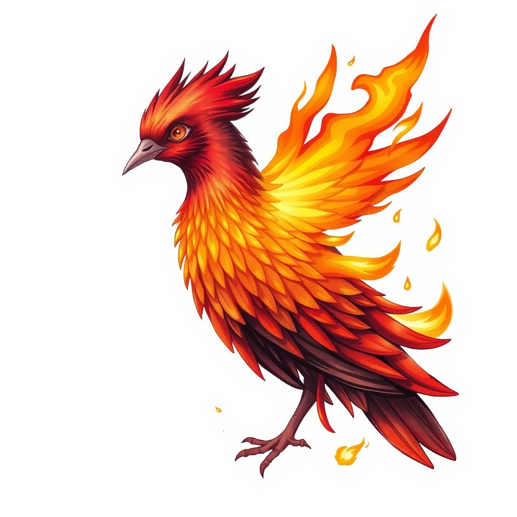 A striking illustration of a pigeon's head and extended neck in profile, adorned with phoenix-like plumage that seems to be ignited with fire