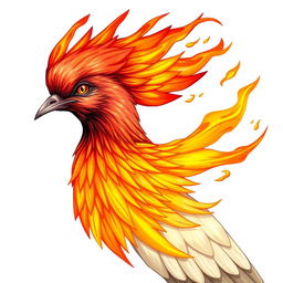 A striking illustration of a pigeon's head and extended neck in profile, adorned with phoenix-like plumage that seems to be ignited with fire