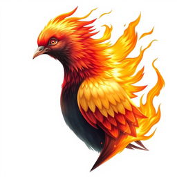 A striking illustration of a pigeon's head and extended neck in profile, adorned with phoenix-like plumage that seems to be ignited with fire