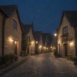 A quaint village enveloped in the tranquility of the night. Twinkling stars stud the dark sky, while moonlight illuminates cobblestone paths and humble houses, their windows glowing warmly.