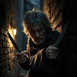 A short older hobbit man with scruffy hair, hiding in a shadowy alleyway